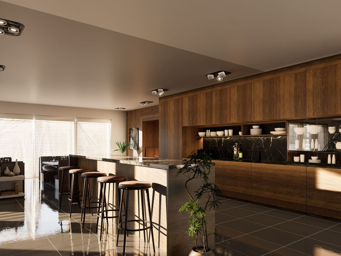 Walnut kitchen with a long island and integrated bar seating