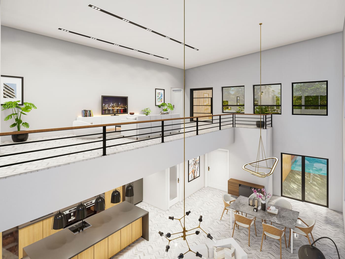Double height apartment with a mezzanine walkway and gallery wall