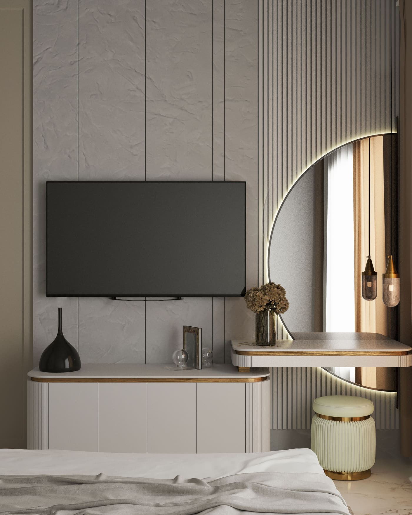 Calm bedroom corner with a curved lamp, low cabinet, and soft daylight